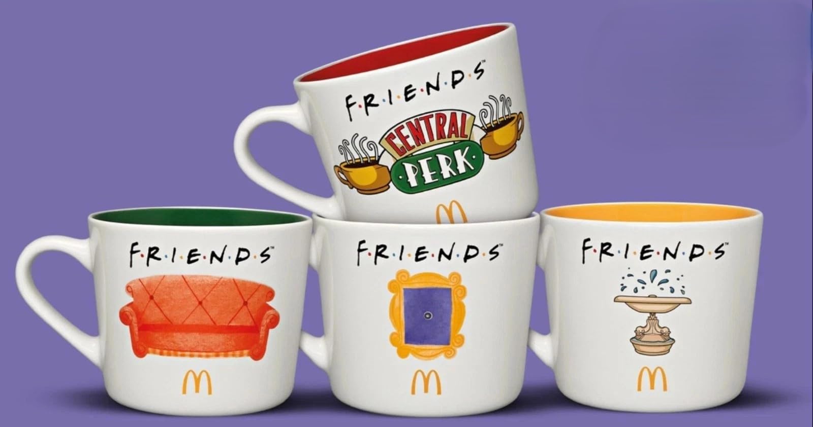 Bundle mit McDonalds 4 Friends Tassen 2025 Central Perk - Sofa - Spiegel - Fontäne mit exclusiver Geschenkkarte Teetassen Set - Kaffee Tassen Sets - Bechersets - Kaffeebecher Keramik Becher