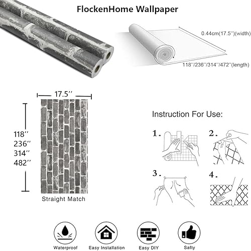 Miniatura 4 de FlockenHome Rollo de papel tapiz plano de piedra de ladrillo sintético de 17.5 x 118 pulgadas, decoración de pared, para pegar en la puerta,