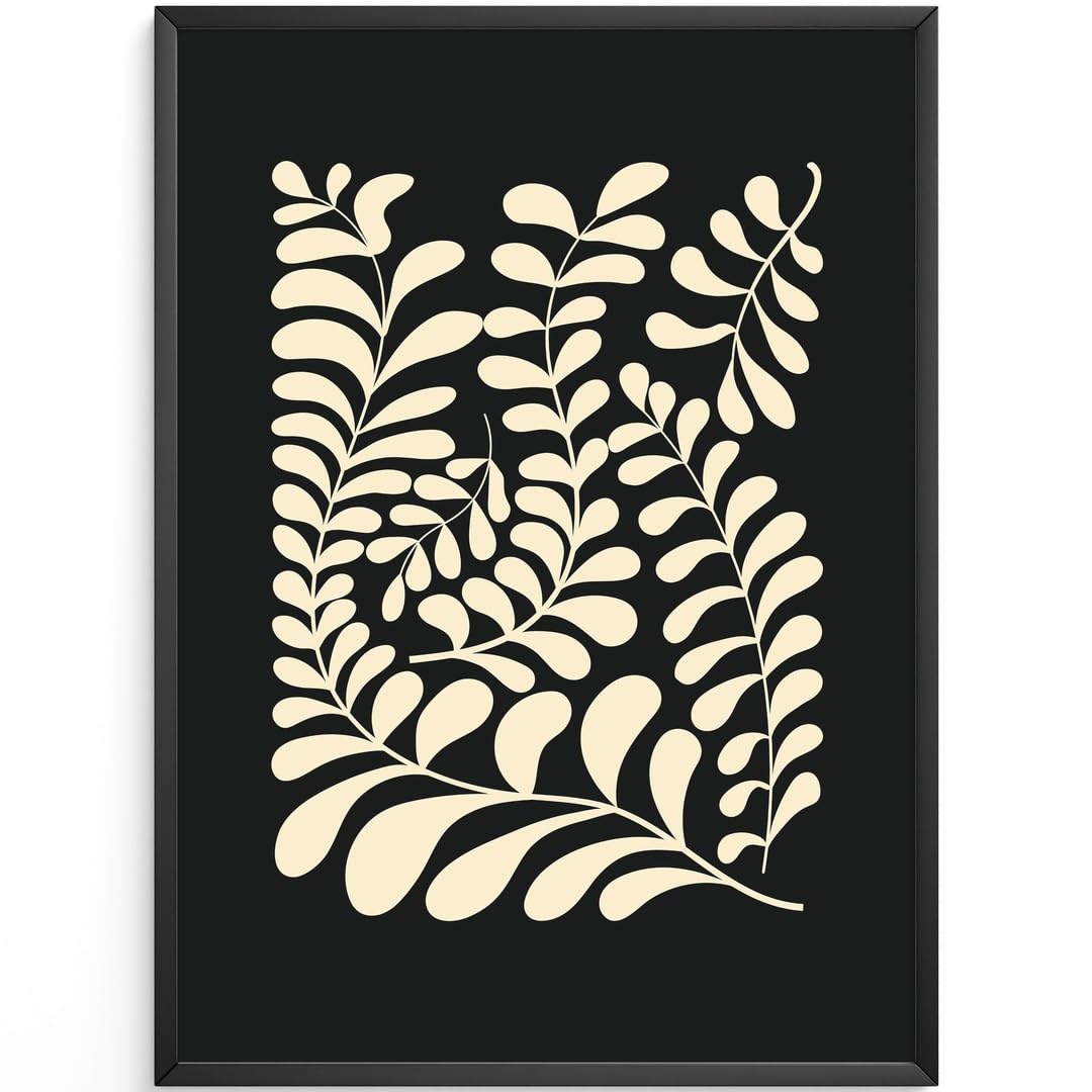 MJ-GRAPHICS® Poster Blätter Kunstdruck minimalistisch Wandbild Beige Wohnzimmer Deko modernes Design Pflanzen Wohndeko inspirierende Wanddeko elegantes Flair A2 mit schwarzem Rahmen