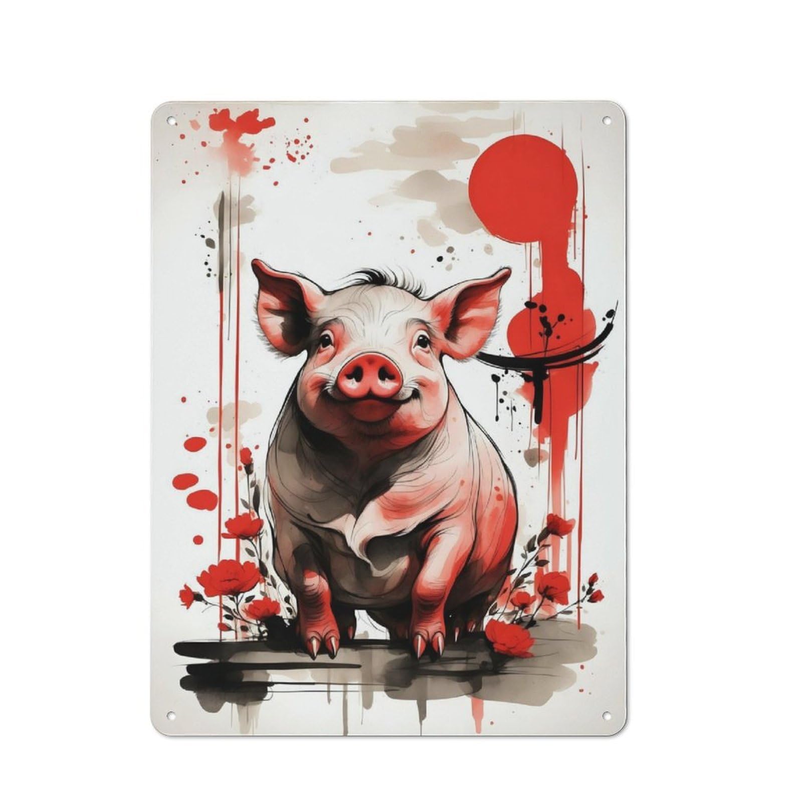 Junmoney Japan Ink Pig Zodiac Vintage Printed Metal Sign 40X30cm For Workshop Wall, A Decorative Gift For A Newly Furnished Workshop