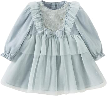 DAVE&BELLA Baby Girls Tulle Dress Long Sleeve Ruffed A-Line Princess Dress Flower Girl Embroidery Bowknot Wedding Party Dress