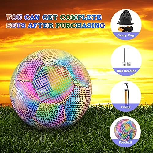 Aceshop Reflective Football Size 5 Holographic/Self-Lighting Glowing Reflective Soccer Balls Indoor Outdoor School Training Football Composite Leather Match Soccer Balls with Carry Bag and Pump
