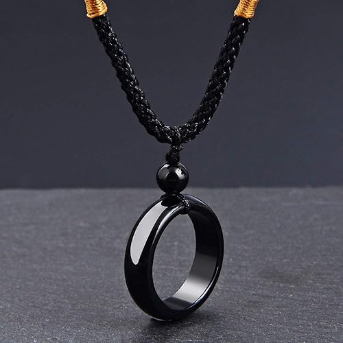Miniatura 2 de Hombres Mujeres Negro Ágata Natural Piedra Cristal Anillo Forma Colgante Collar Protección Potente Joyería Accesorios Ajustable, Piedra de ágata