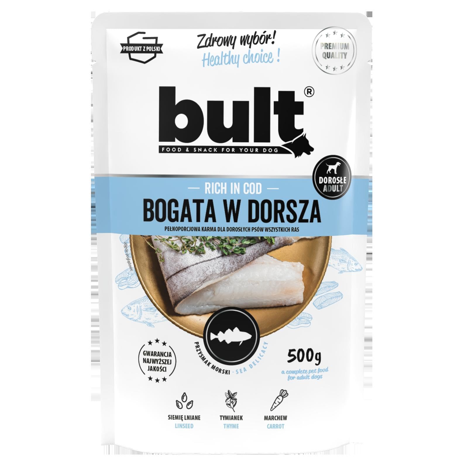 BULT Mokra Karma dla Psa Mix Smaków Dorsz Dziczyzna Indyk Jagnięcina Kaczka Wołowina 500 g dla Dorosłych Mielonka z Olejem z Łososia i Tymiankiem 30 Saszetek