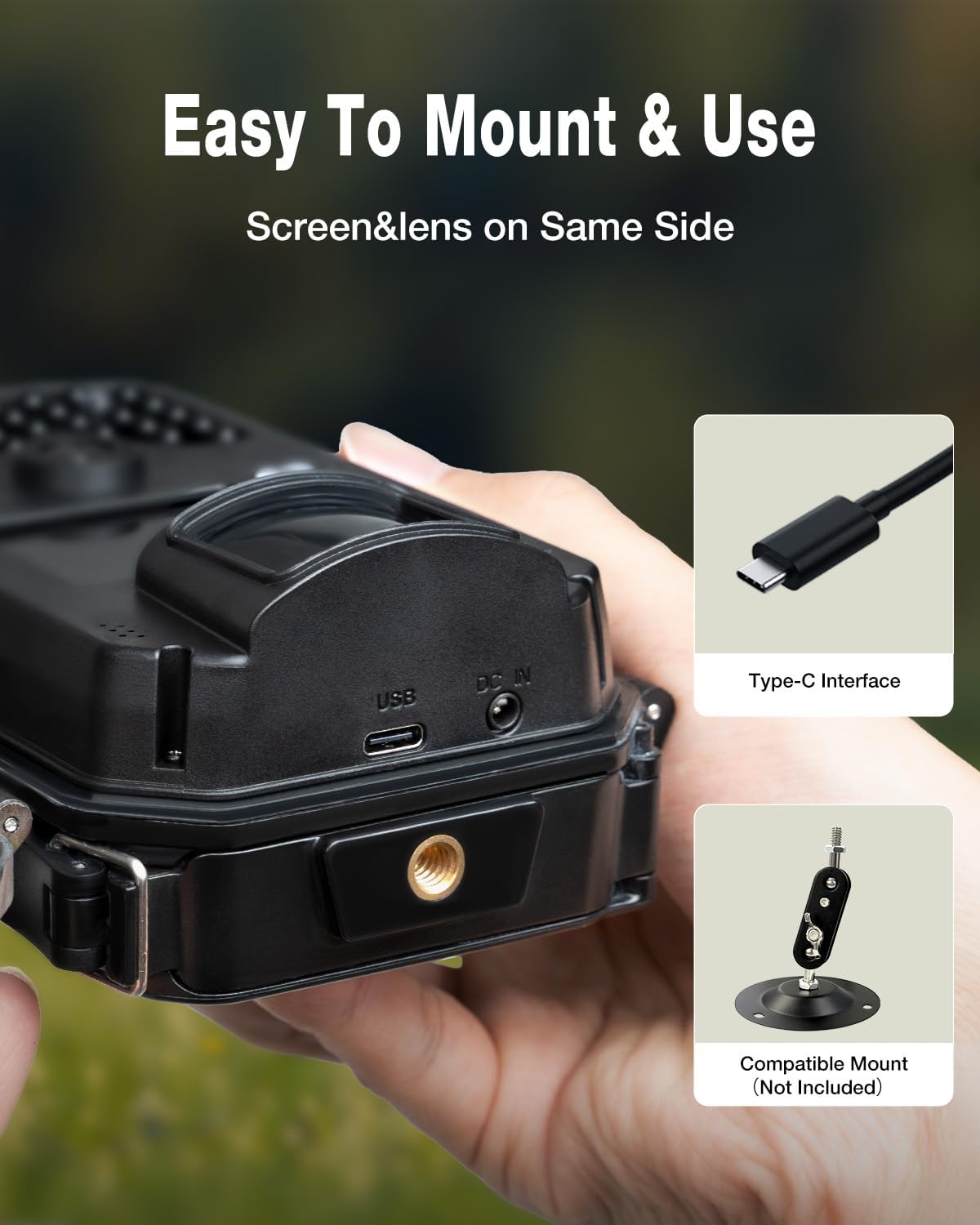 WOLFANG WT01 Trail Camera showing Type-C interface and compatible mount attachment point.