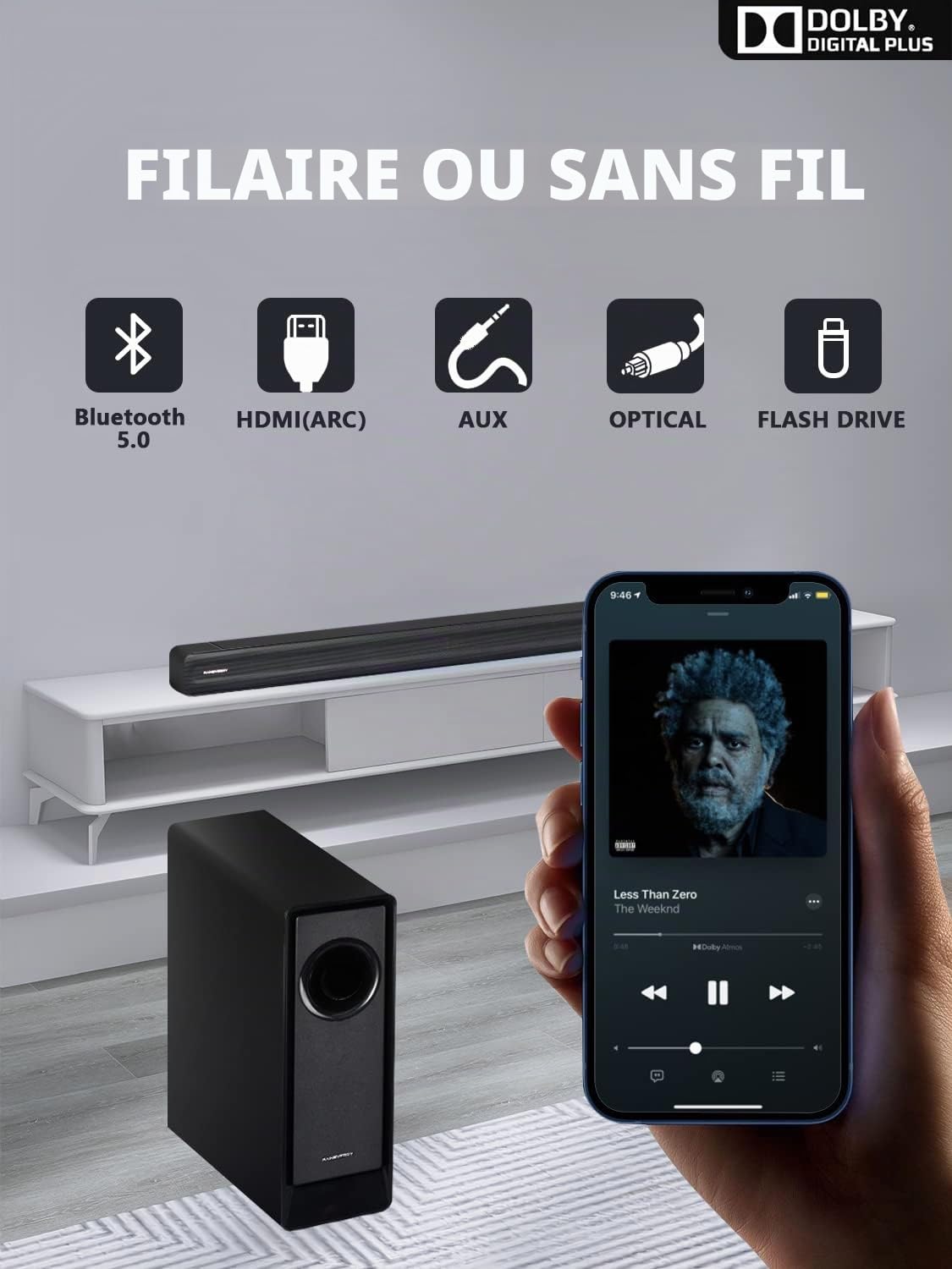 RAINEVERRY Système de Barre de Son Surround 5.1 CH avec Dolby Audio, Barres de Son, Caisson de Basses sans Fil et Haut-Parleur arrière, Dolby Digital Plus, Bluetooth 5.0 pour Home cinéma, téléviseurs
