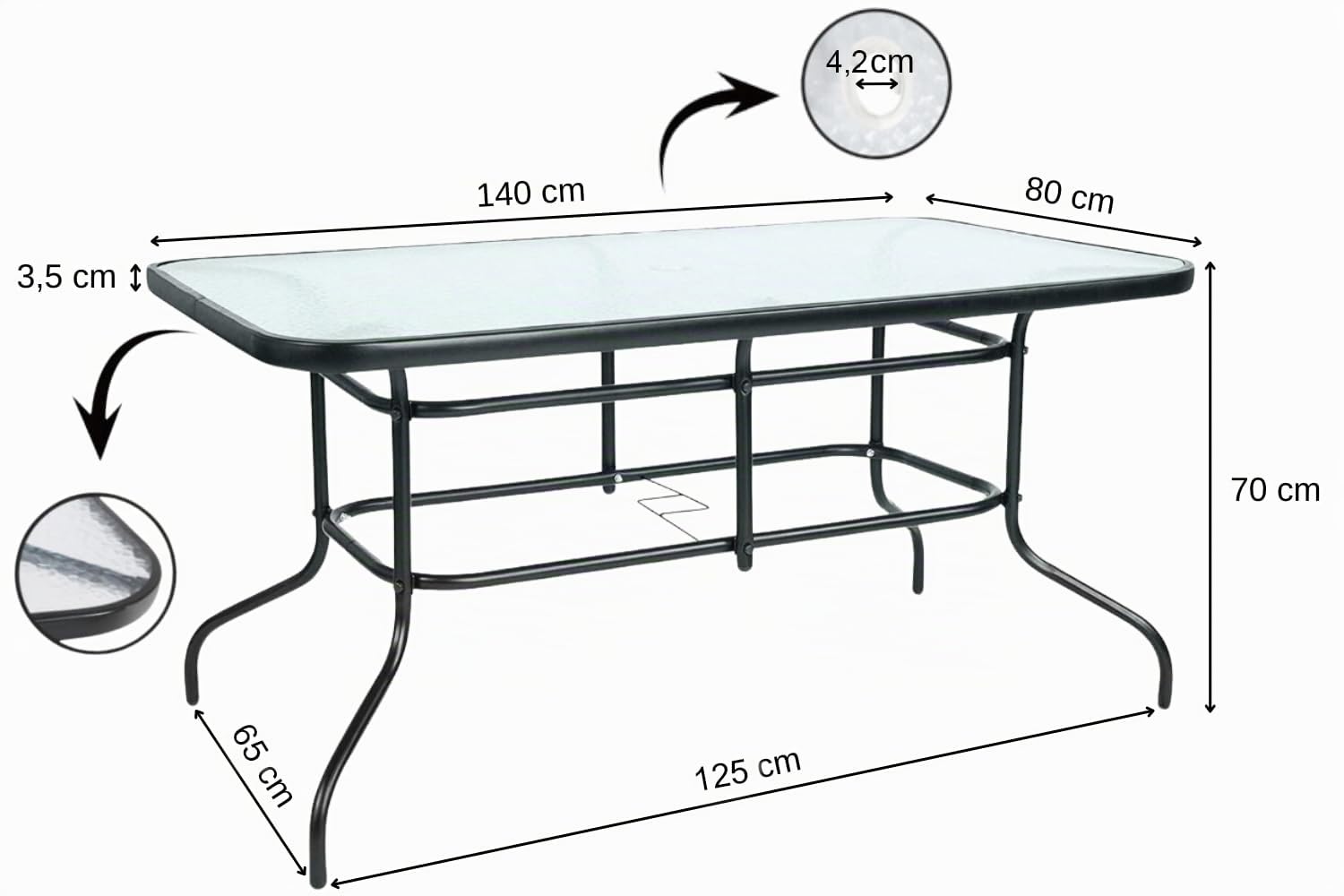 ZOLTA Gartentisch 140 x 80 cm in Glas Terrassentisch Wetterfest Buffettisch Partytisch für Garten Terrasse und Balkon | 4-6 Personen | Outdoor Esstisch Campingtisch | Schwarz