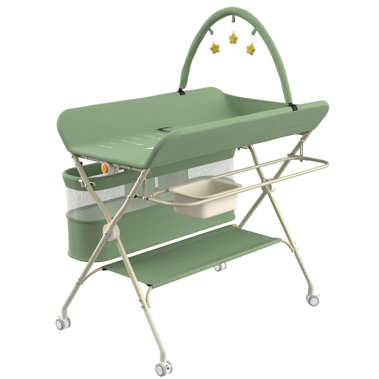 Table a Langer Pliante avec Panier de Rangement,Structure en Fer Charge Max 15KG,Réglable en Hauteur,Table à Langer Mobile pour Nouveaux-Nés,80 * 73 * 94 cm (Vert,)