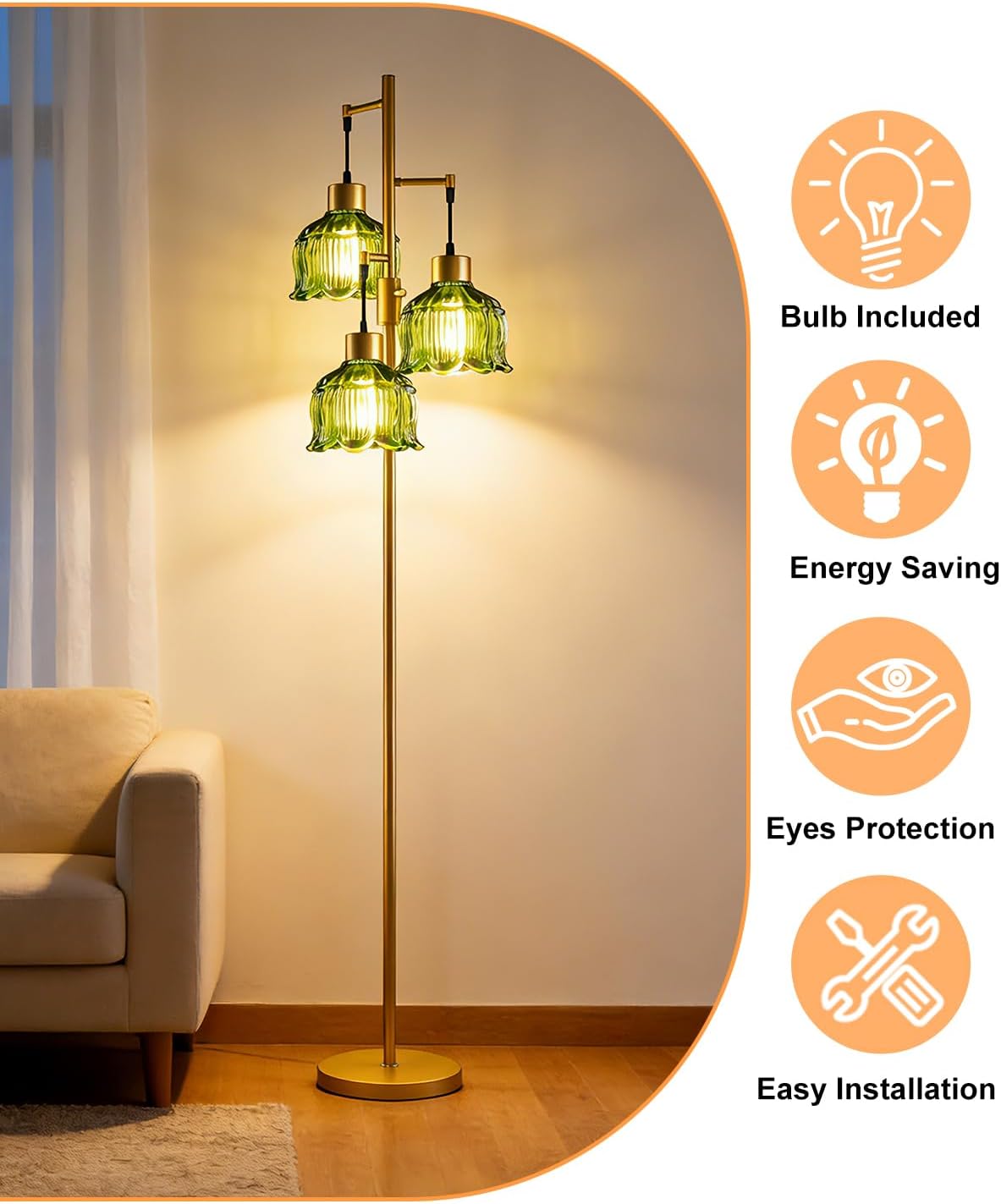 Gold Floor Lamps for Living Room, 3-Light Dimmable Floor Lamp with Green Glass Shade& E12 Bulbs Included, 65'' Mid Century Tall Standing Lamp for Bedroom/Sofa Beside/Corner Decor