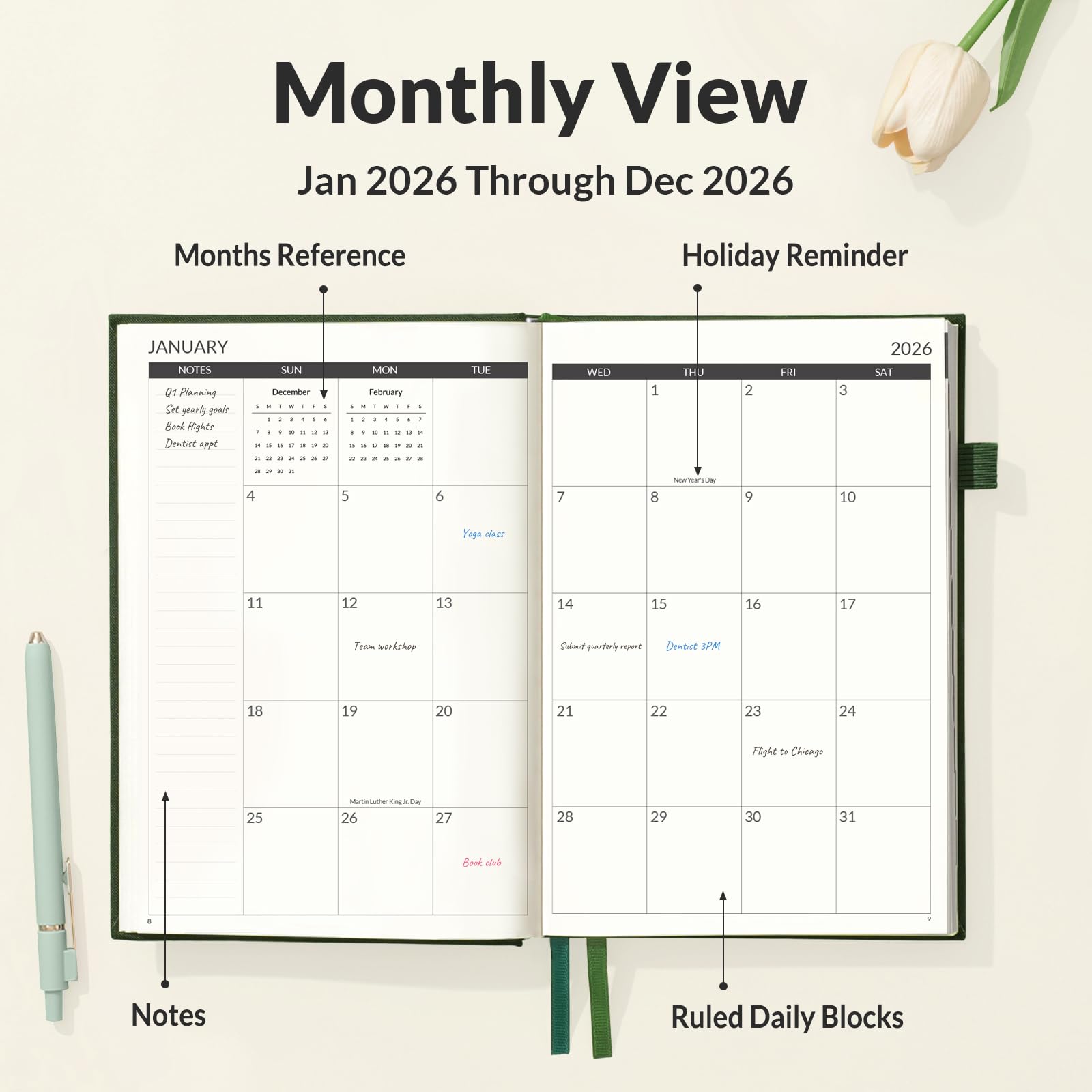 SUNEE Agenda 2026, agenda giornaliera 2026 per la produttività, sistema di raggiungimento degli obiettivi settimanale e mensile con layout di una pagina per giorno, copertina rigida A5 (14,2 x 21,3 cm