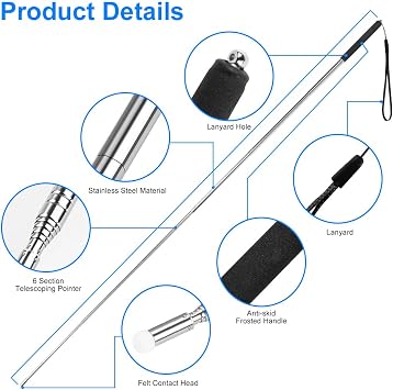 Vicloon Teachers Pointer, Telescopic Pointer Stick, Hand Pointers Extendable Retractable Pointers Teacher Pointere Stick with Lanyard for Presentations Teaching, Lecture,Office