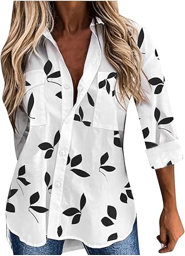 Camisetas de otoño para mujer, estilo casual, con estampado de hojas, manga larga, con solapa, con botones, ajuste holgado