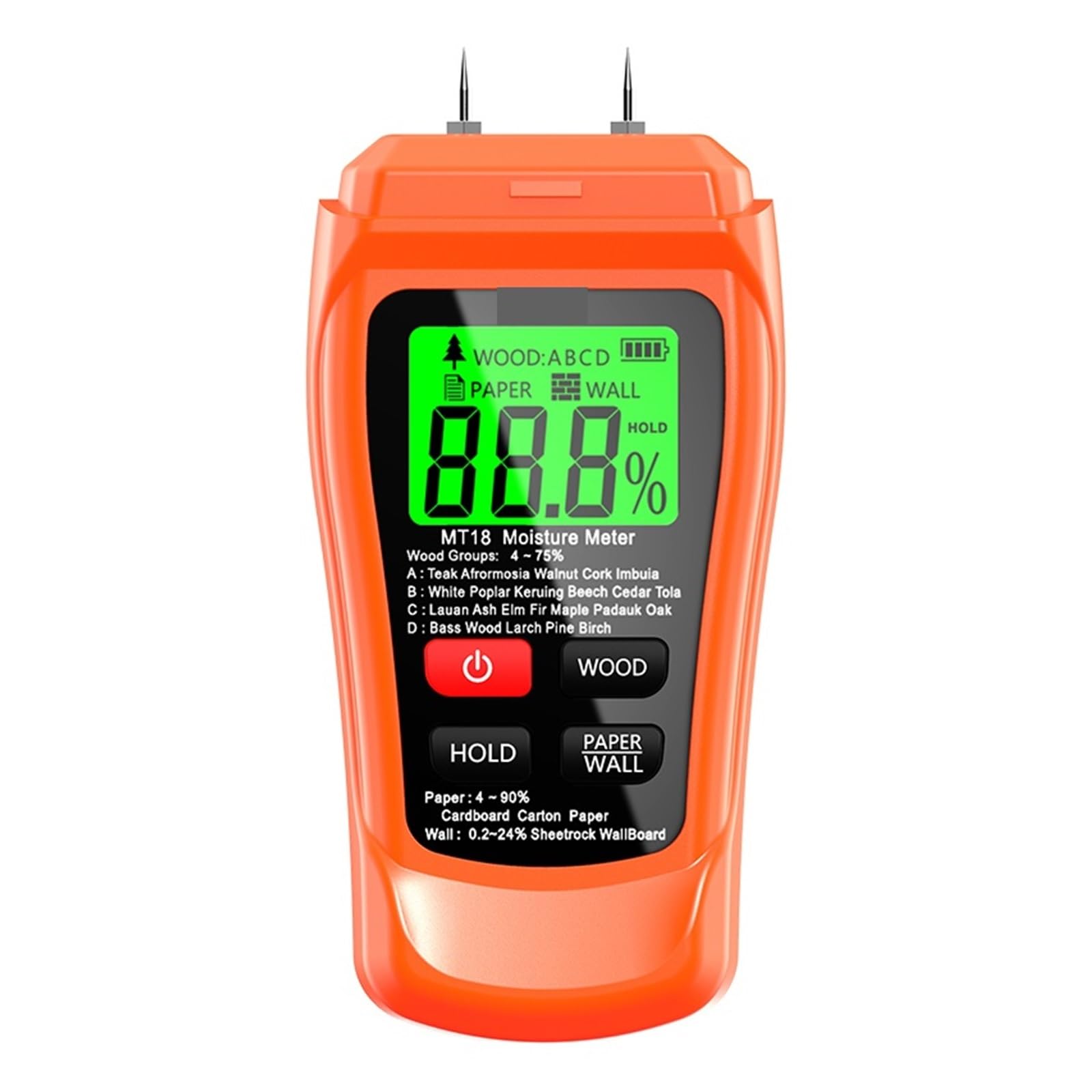 Miernik wilgotności drewna Tester Higrometr Detektor wilgoci w drewnie Cyfrowy tester gęstości drzewa Szybko I Bardzo DokłAdnie(MT18 Orange LCD)
