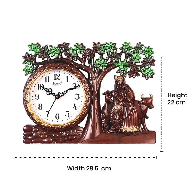 Image of Radhe Krishna Wall Clock - Spiritual Analog Clock with Cows Under Tree | Decorative Clock for Home, Temple, and Gift | 5111 Mini Design in Plastic & Glass | with Surprise Gift