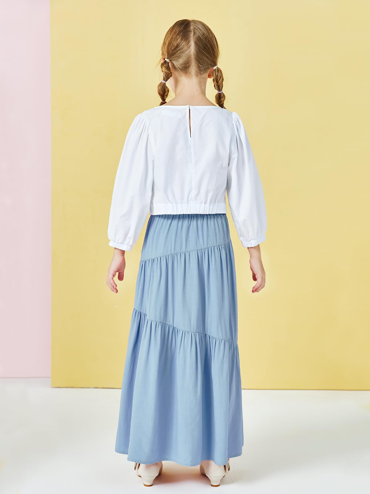 Haloumoning Maxi gonna elastica a vita alta da bambina, stile bohémien, a strati, plissettata, con tasche, 5-14 anni