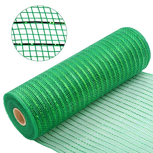 Acekit Green Poly Decorating Mesh Ribbon with Metallic Foil 10 inch x 30 feet Each Roll for Wreaths, Swags Bows Wrapping and Decorating Projects-Green+Green - Thumbnail 3