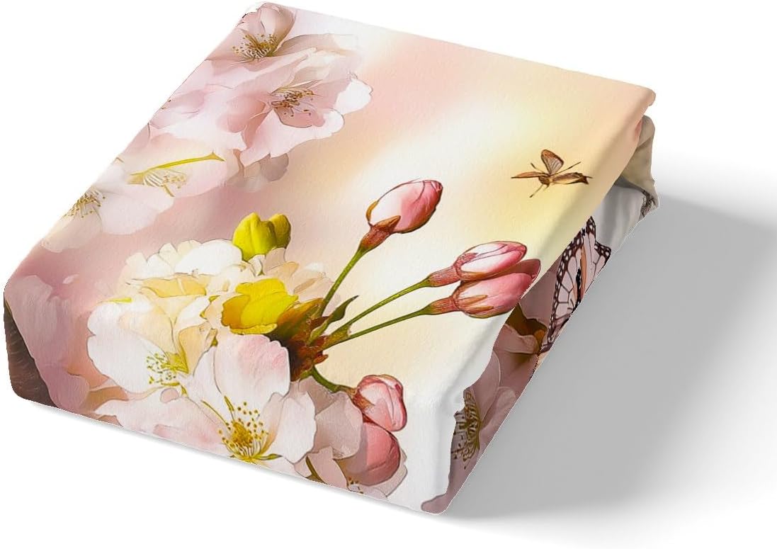 Erosebridal Cherry Blossom Toddler Bedding Set,Natural Floral Japanese Style Duvet Cover for Girls Women,Garden Sakura Flowers Butterfly Comforter Cover,Spring Pink Yellow Bed Set with Zipper,2 Pcs
