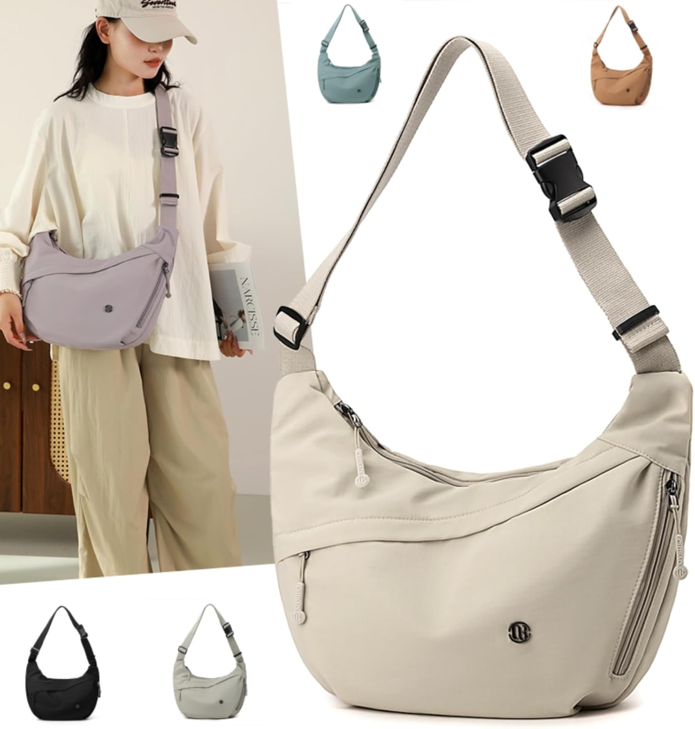 Nylon Crescent Cross body Bag for Women, Casual Medium Lightweight Shoulder Tote Handbag Travel Purse with Adjustable Strap - Image 2