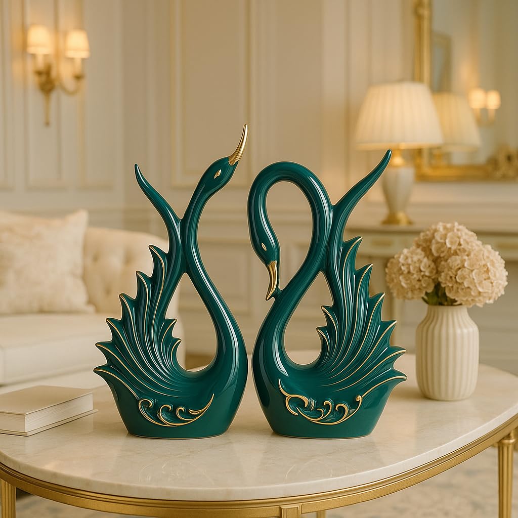Xtore Modern Elite Swan Pair Ceramic Art Figurine | Beautiful Home Decor- 2 Piece, Dark Green, Medium