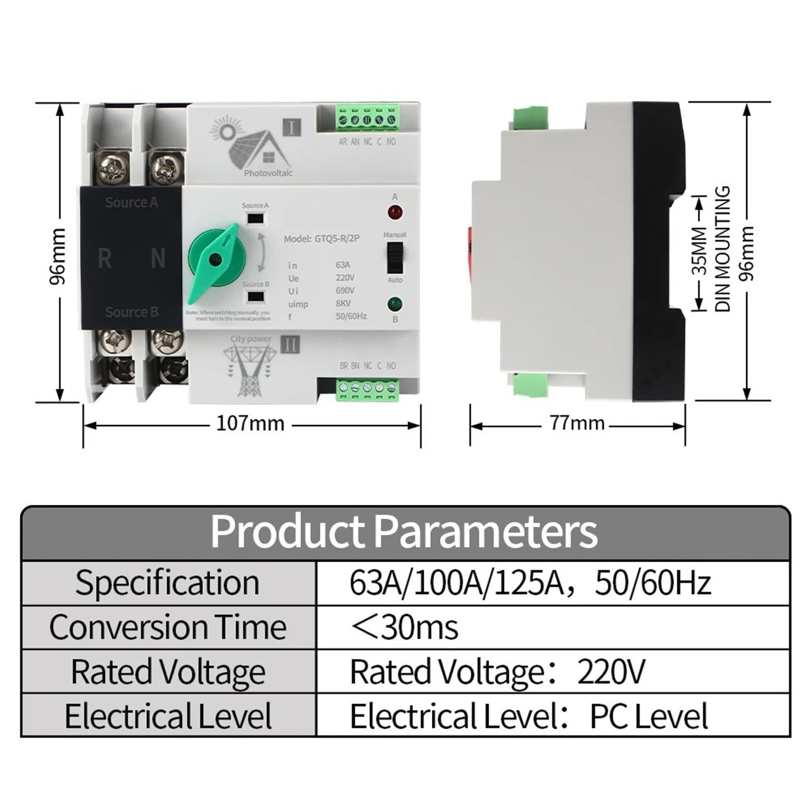 1 pz Interruttore di trasferimento automatico a doppia alimentazione 2P Guida DIN ATS Inverter fotovoltaico AC 230V Interruttori selettori ininterrotti 63A 100A 125A(63A)
