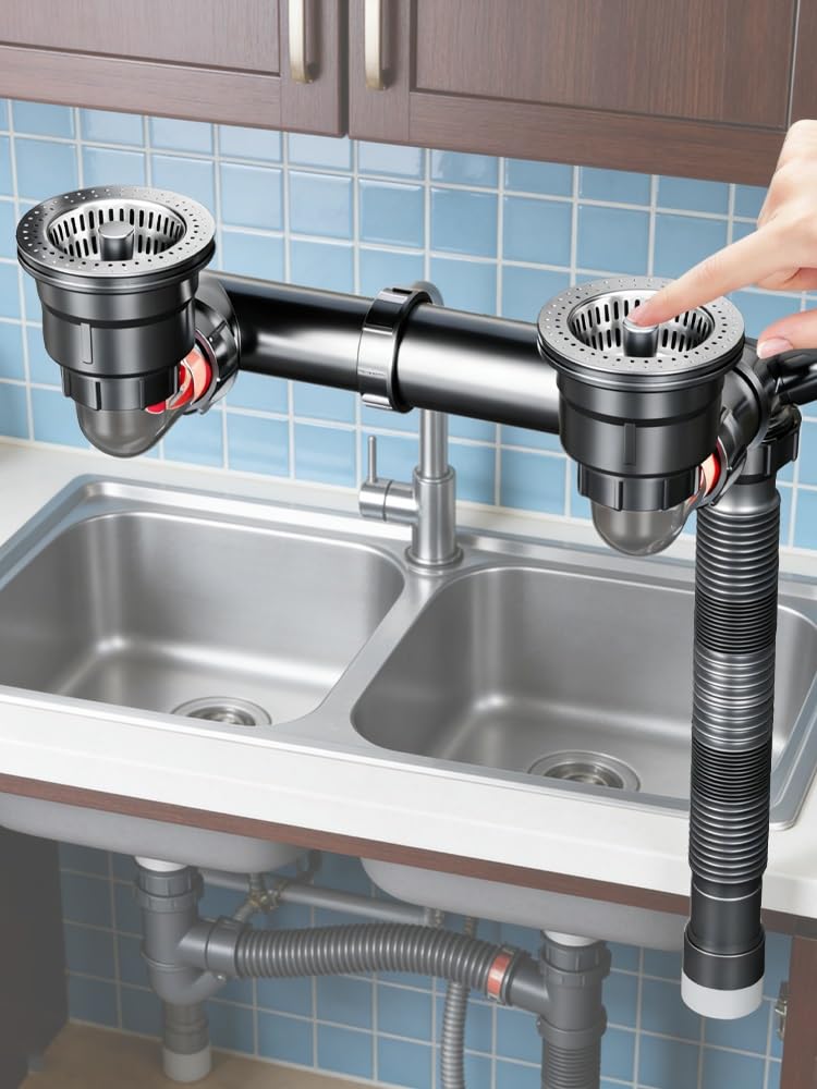 Kit di scarico per lavello da cucina con tappo pop-up, tubo flessibile e regolabile a P e troppopieno, rilascio rapido a pulsante