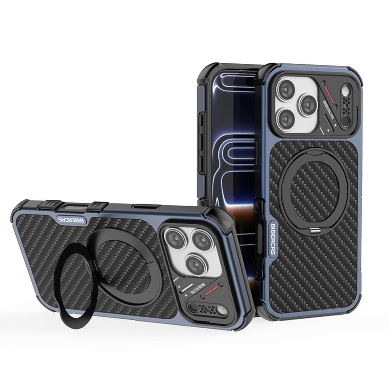 Funda para iPhone 17 Pro MAX con Anillo Giratorio y Soporte, Azul