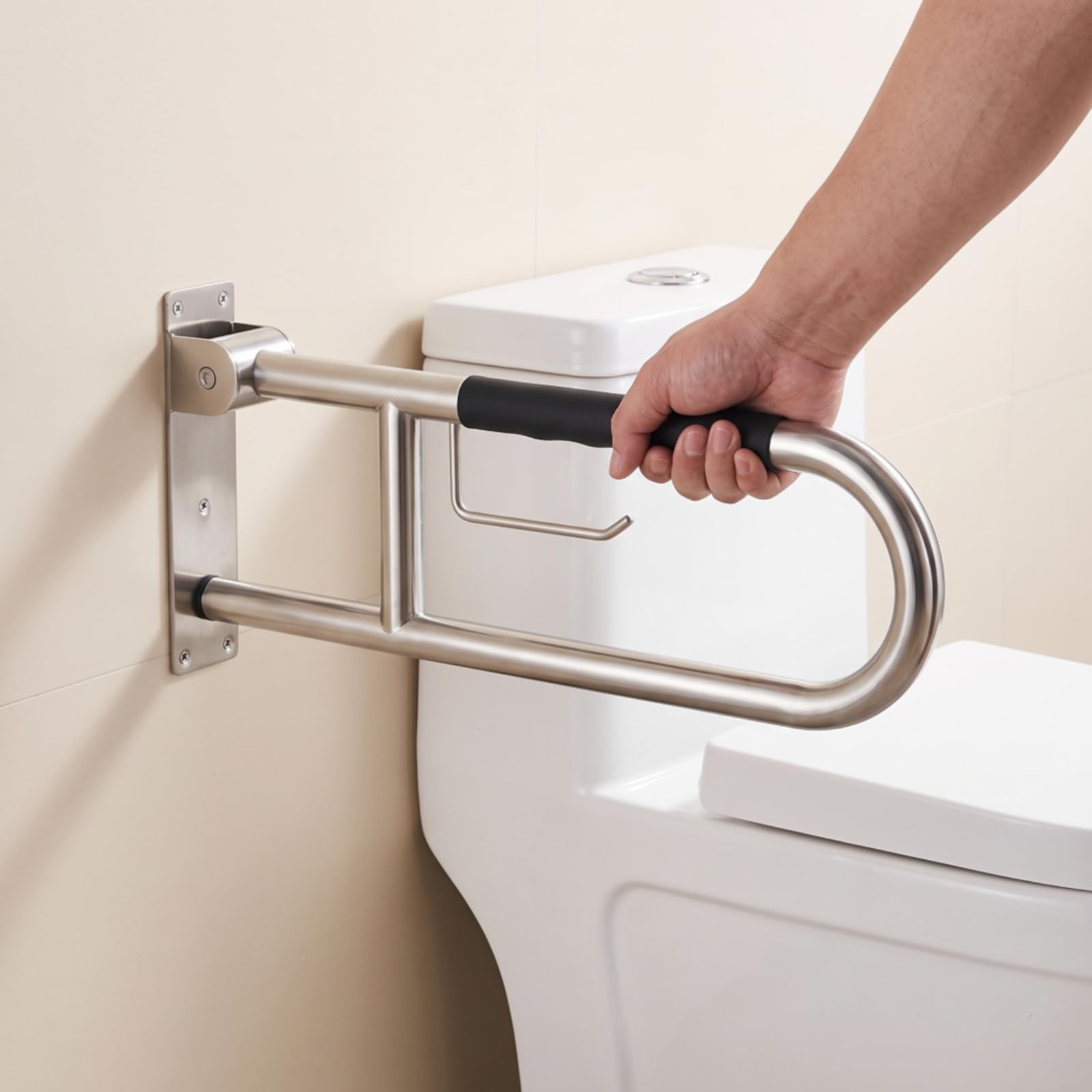 Barra D'appoggio Pieghevole Salvaspazio, 750 Mm | Fissaggio a Parete Stabile, Maniglione Ribaltabile, Resistente Corrosione, Barra di Sostegno per WC, Anziani