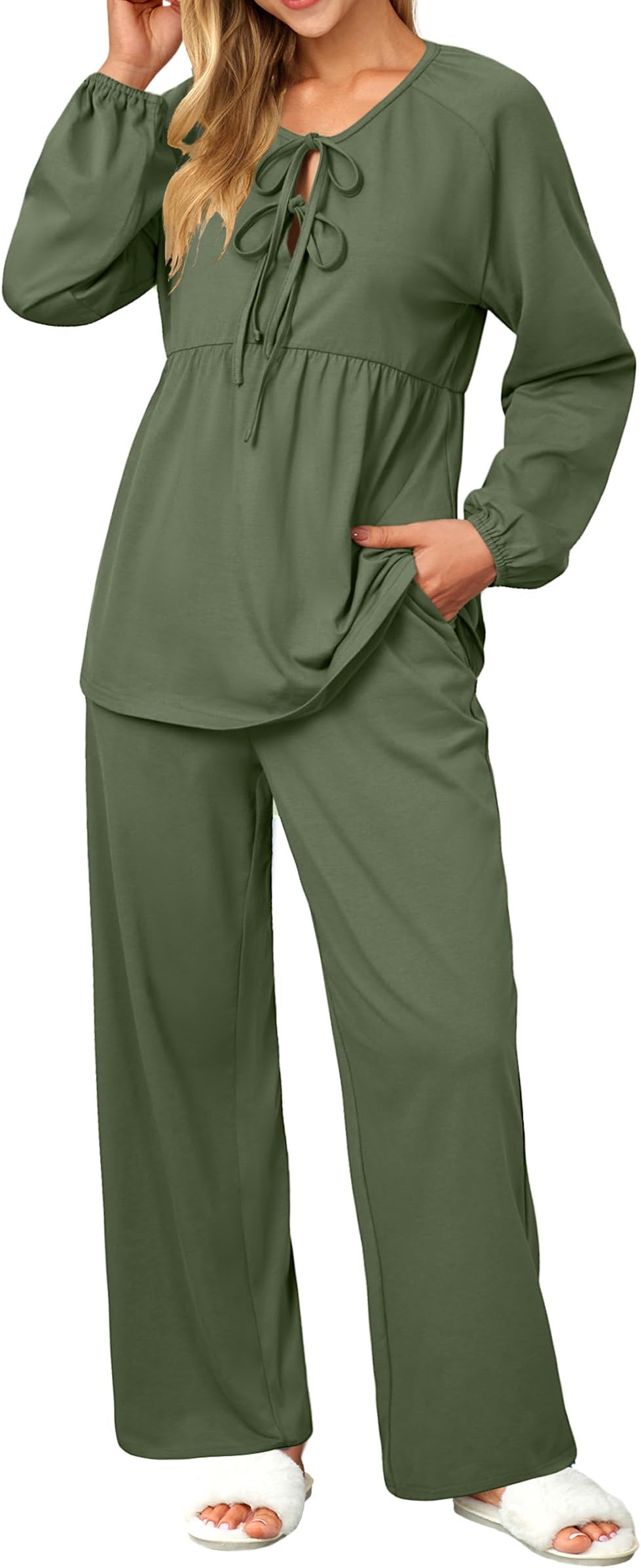Womens Cotton Blend Maternity Pajama Sets Tie Front Loungewear Pregnancy Sleepwear Top & Long Pants with Pockets