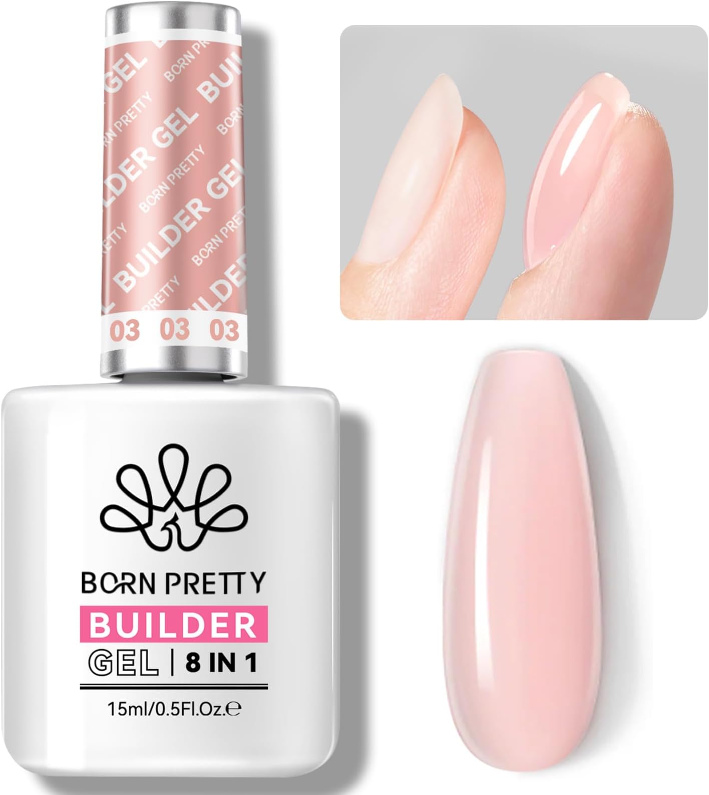BORN PRETTY Builder Gel for Nails, 8-in-1 Extension Gel Strengthener Gel Hard Builder Nail Gel Base Top Gel, Pink Gel Builder Rhinestone Nail Glue Gel in A Bottle Nails 15ML