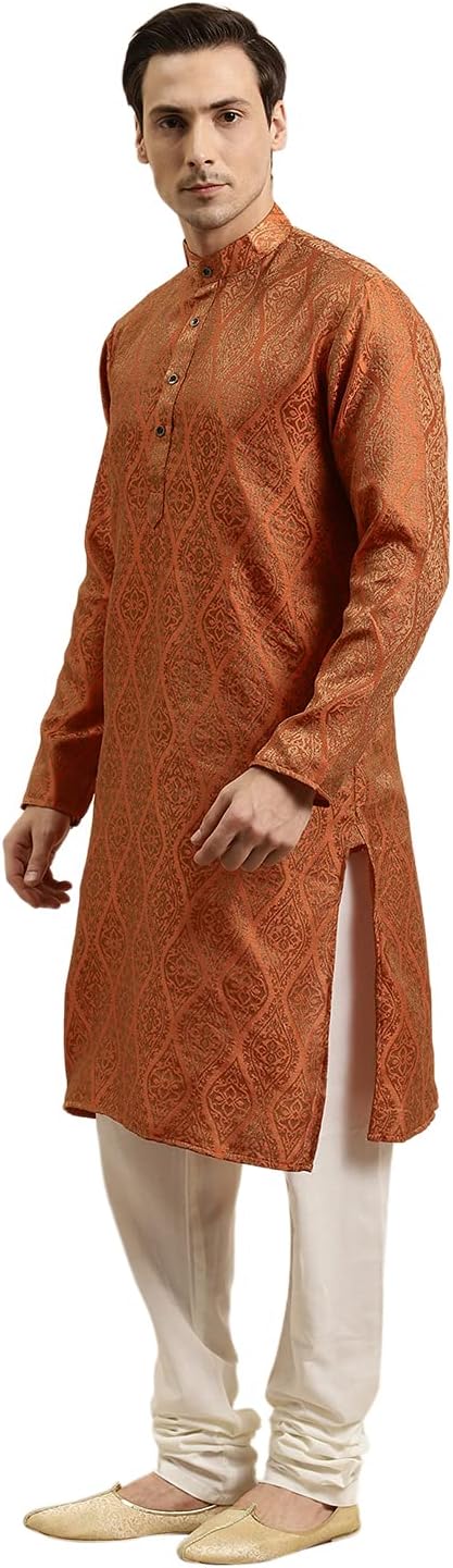 Sojanya (Since 1958 Men'S Jacquard Silk Kurta & Off-White Churidar Pyjama Set - Image 4