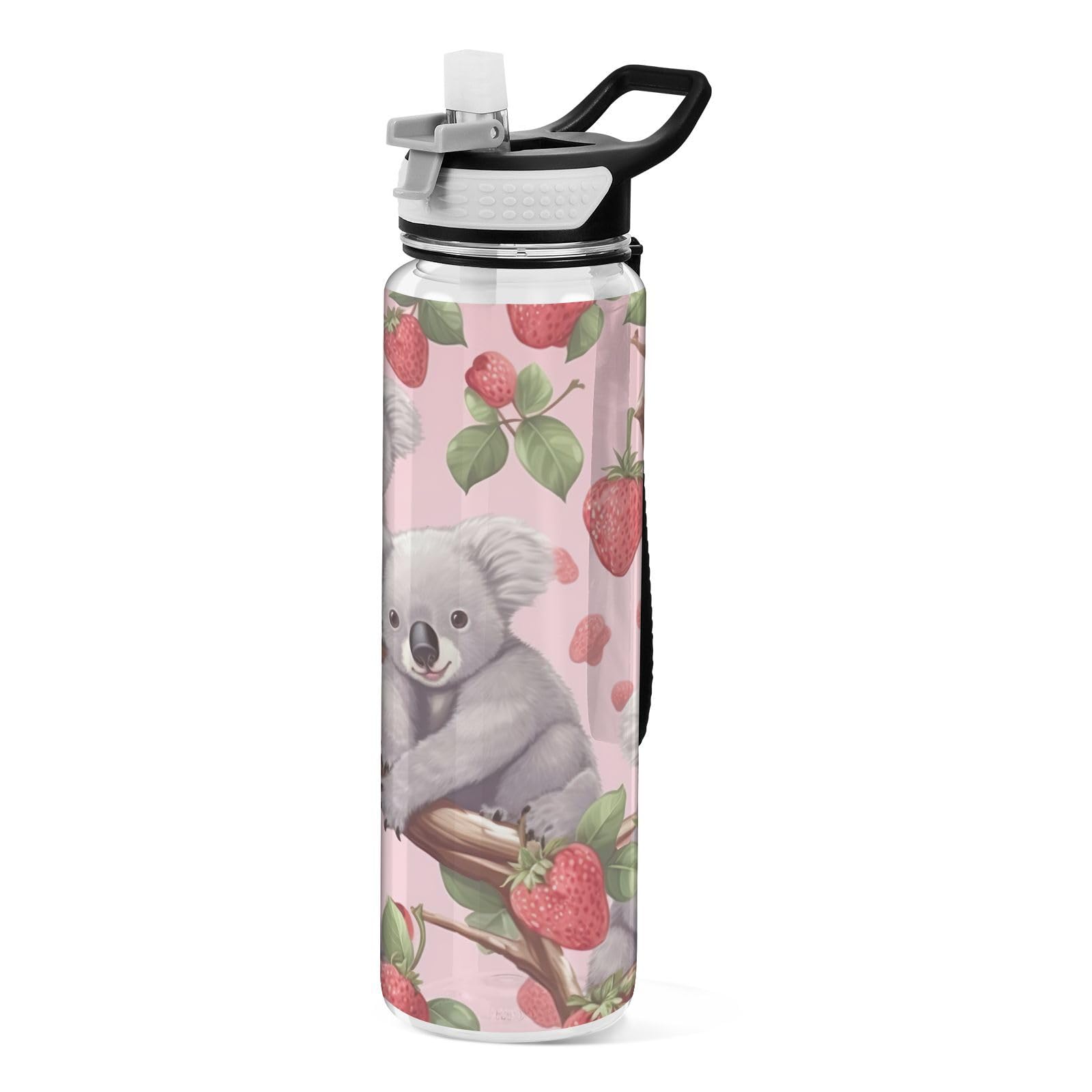 Grckit Strawberries and Koalas Water Bottle 32oz Tritan BPA-free Leak-proof Sports Water Bottle with Carry Strap for Hiking Camping Gym Outdoors