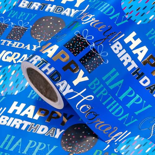 WRAPAHOLIC Birthday Wrapping Paper - Mini Roll - 17 Inch x 16.5 Feet - Blue Gold Foil Happy Birthday Wrapping Paper for Kids Boys Men Baby Shower
