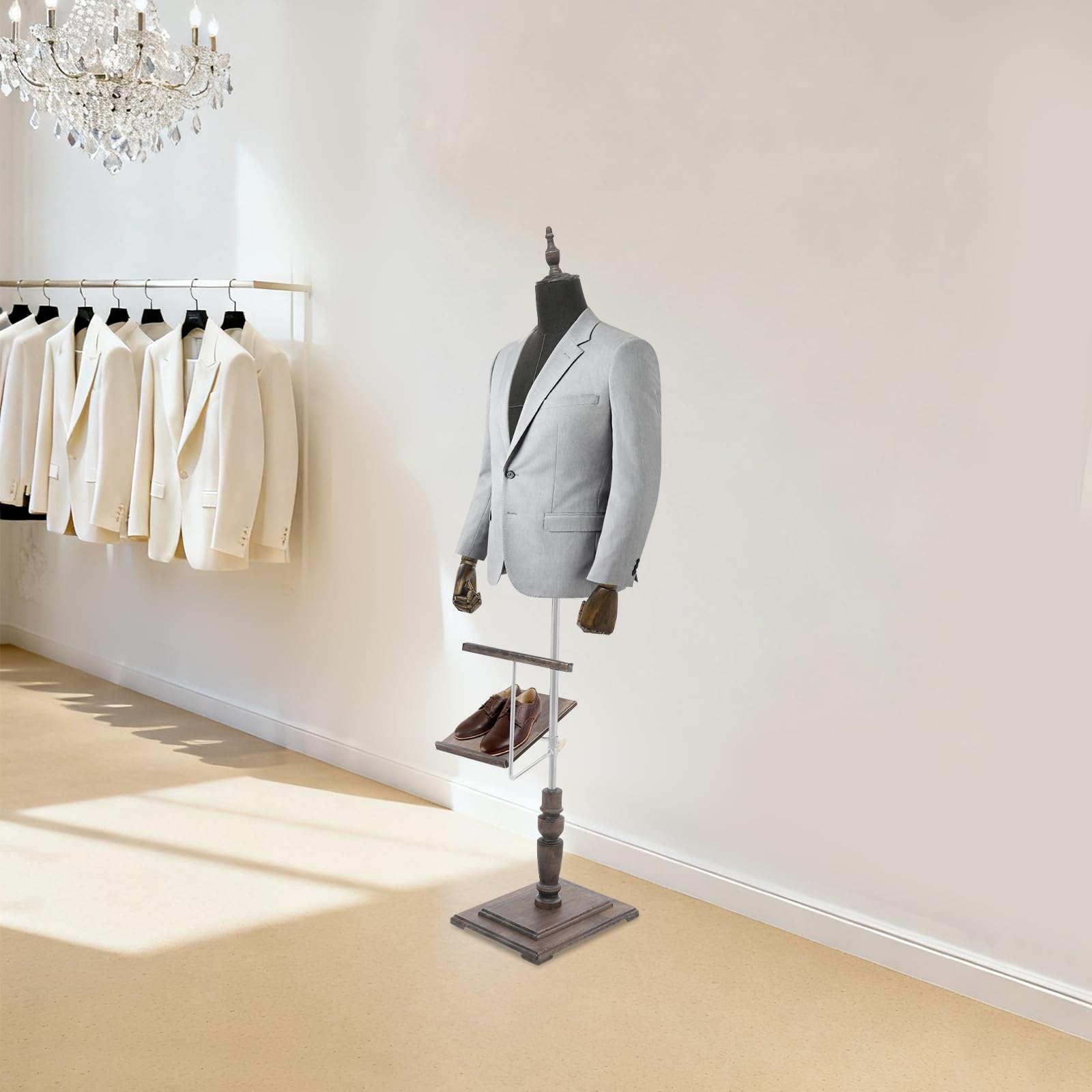 Männliche Schneiderpuppe höhenverstellbar, Schaufensterpuppe Mann 135-180cm mit Hosenhalter & Schuhhalter, Mannequin Kleiderpuppe aus Holz & Metall für Laden & Ausstellung