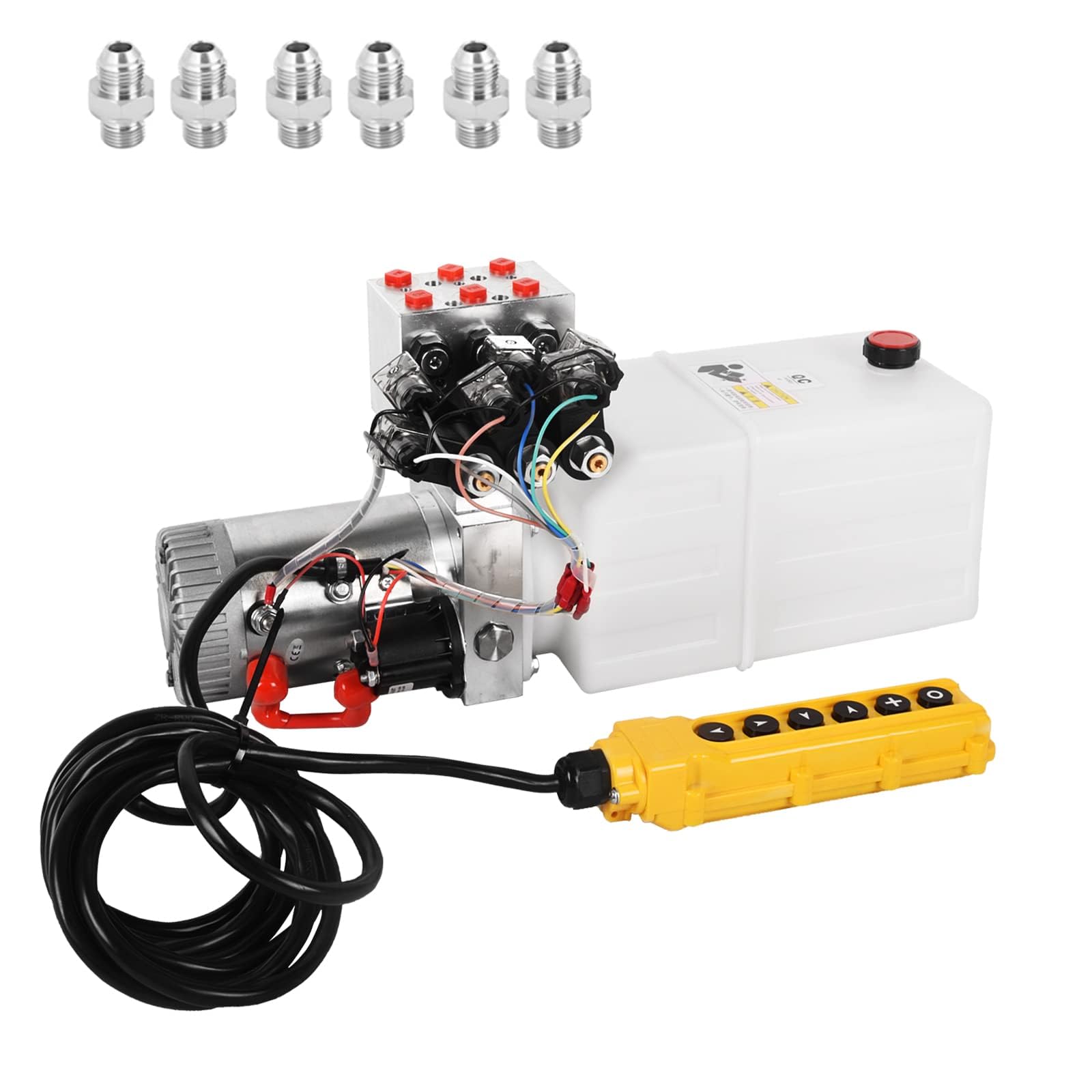 12 V DC Hydraulikaggregat, 6 Quart 6 Wege doppeltwirkende Magnet-Hydraulikpumpe mit Kunststoff-Reservoir für Dump Trailer Auto Heben