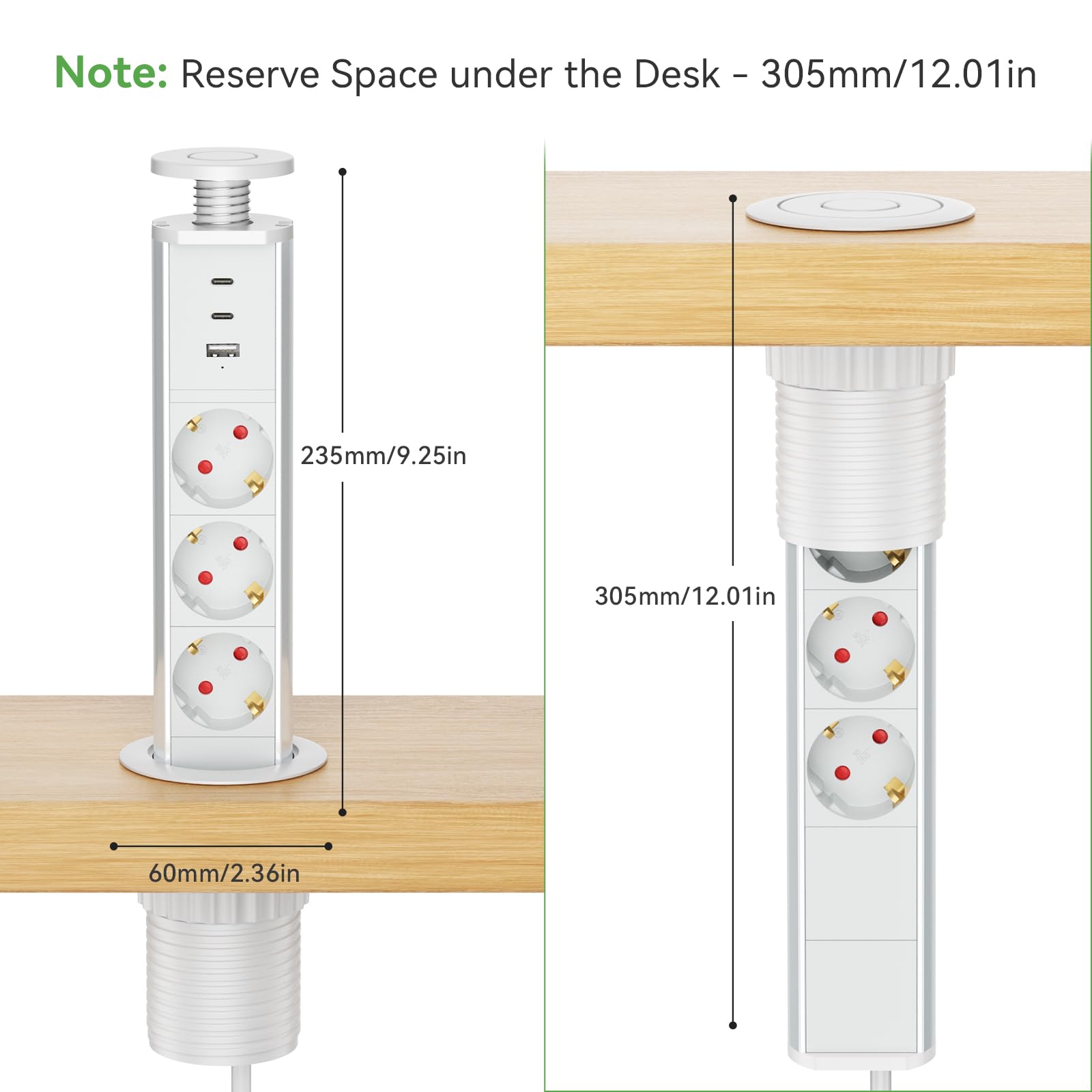 Enchufe retráctil C PD 20 W USB empotrable de 3 enchufes y 1 Puerto USB, para encimera, Cocina, Oficina, regleta con Cable de 1,8 m, Color Blanco