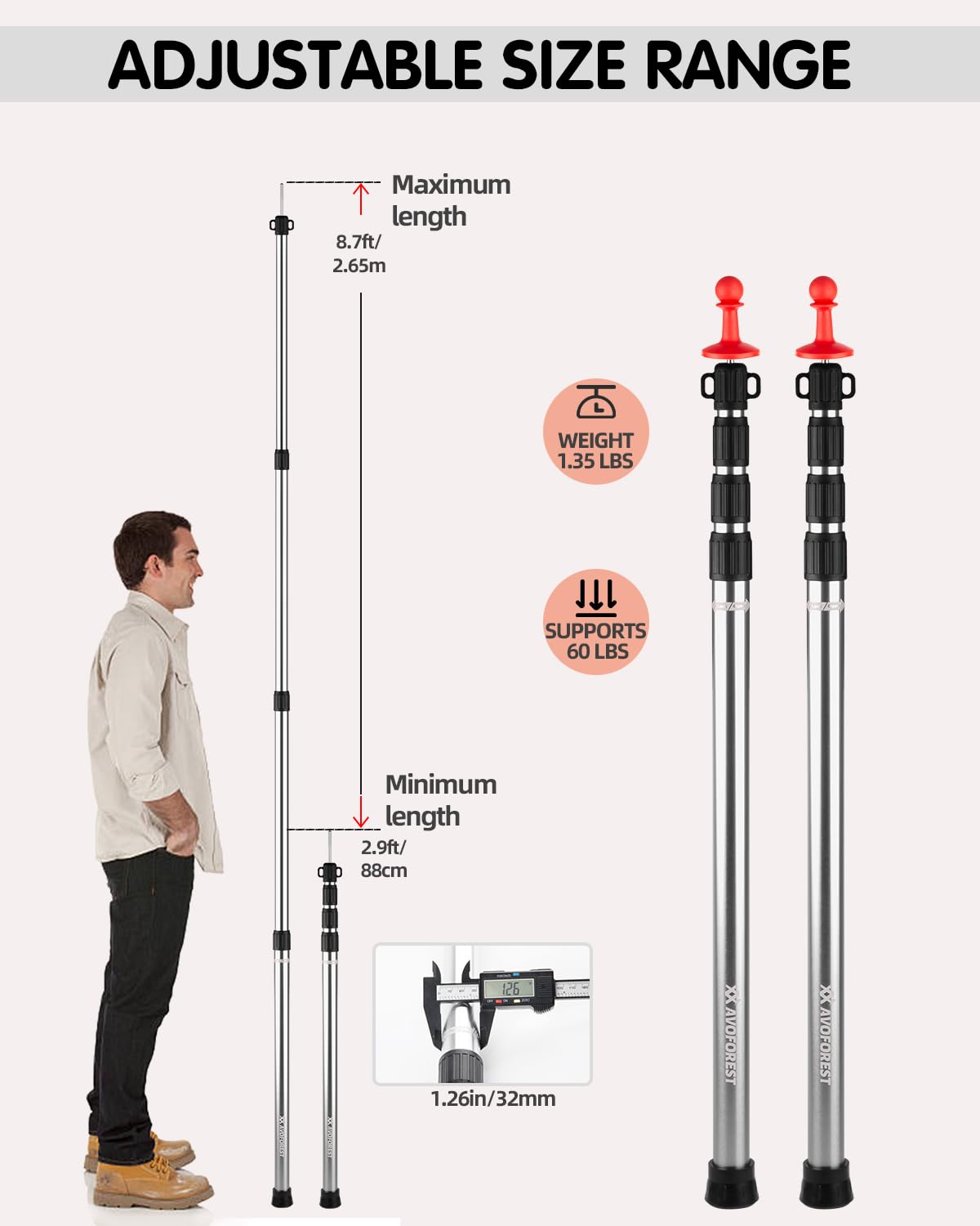 Lot de 2 barres de tente télescopiques pour tentes, en aluminium, hauteur 88 à 265 cm, résistant aux tempêtes et aux intempéries, argenté