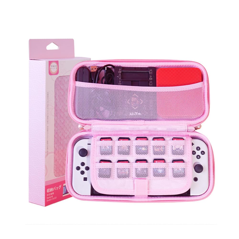 Funda de transporte compatible con Nintendo Switch OLED/Switch, bolsa protectora de carcasa rígida con 10 ranuras para tarjetas de juego para la consola Switch y sus accesorios (escama de pez rosa)