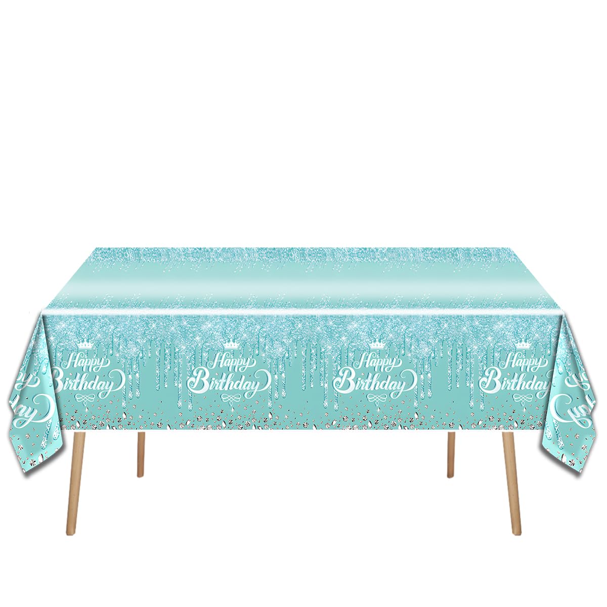 Teal & Silver Glitter Birthday Tablecloth (2-Pack) - 70x42 Inch Disposable Plastic Party Table Cover