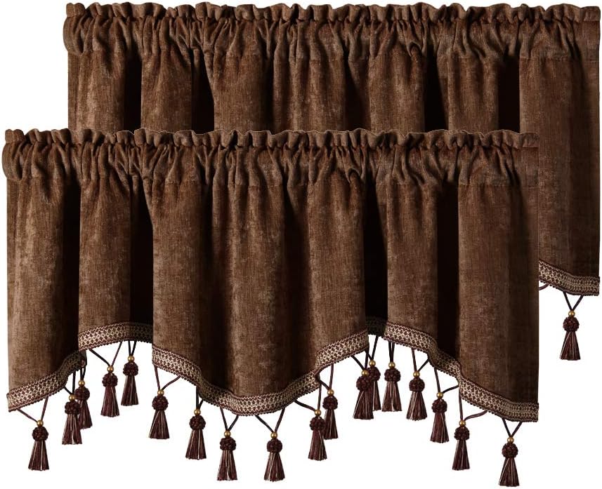 ELKCA Double-Sided Chenille Window Curtains Tier for Kitchen,Rod Pocket,Chocolate Scalloped Valance for Living Room,Pack of 2(Chocolate, 52" W x 18" L)