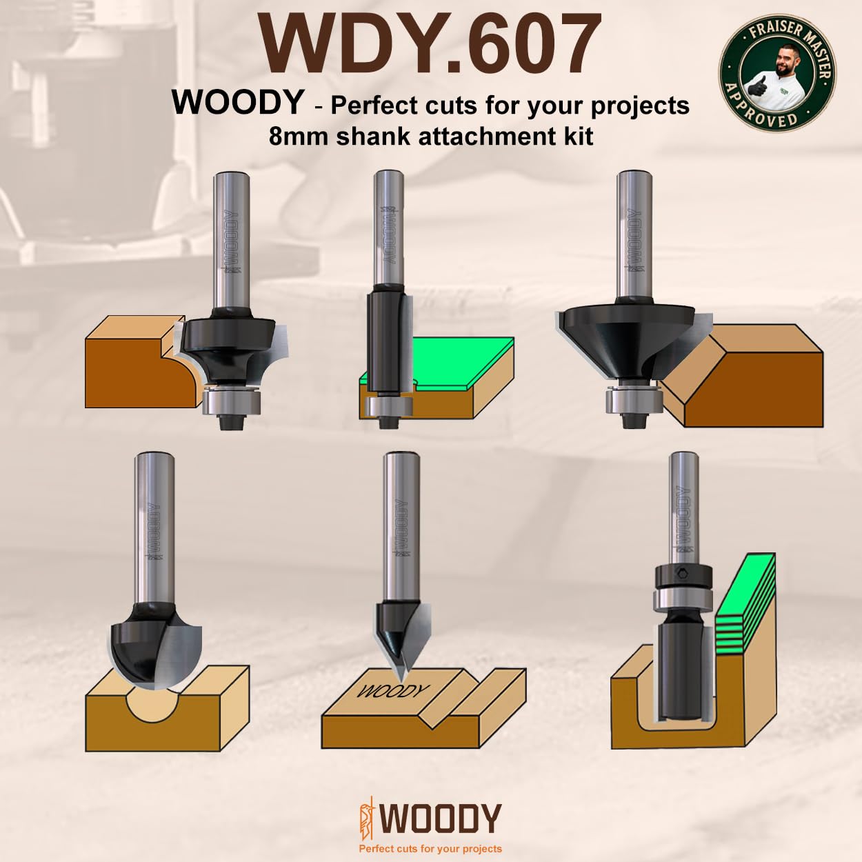 WOODY by Fraiser - Set di 6 frese per legno con gambo da 8 mm per rifilare, scanalare, smussare e raggiare - per fresatrice verticale e rifilatore