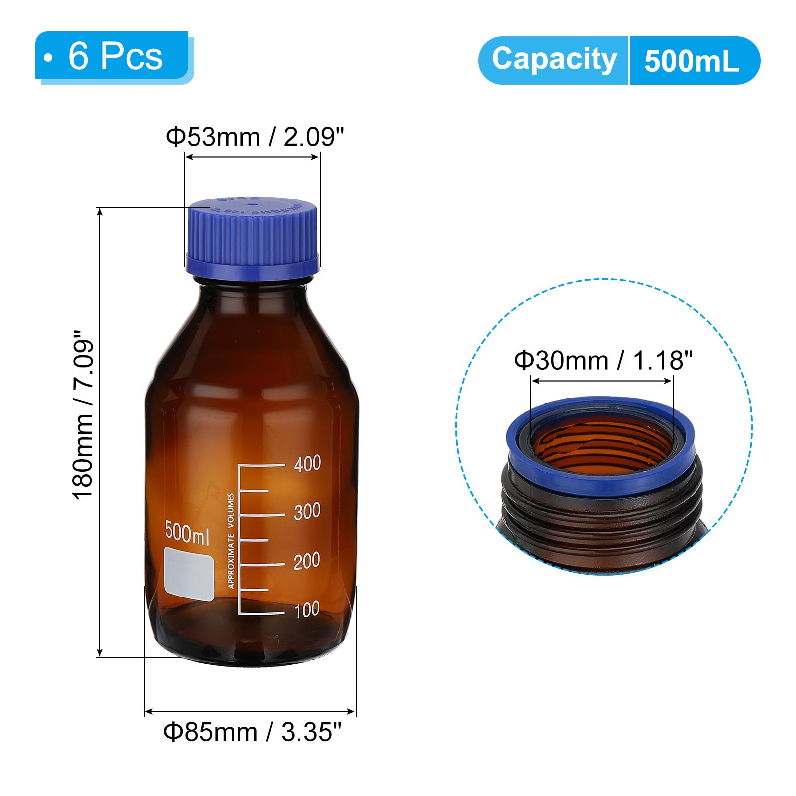 PATIKIL Confezione da 6 bottiglie rotonde per reagenti, in vetro borosilicato da 500 ml, graduate, con tappo a vite GL32 blu, per liquidi reagenti d'acqua di laboratorio, ambra