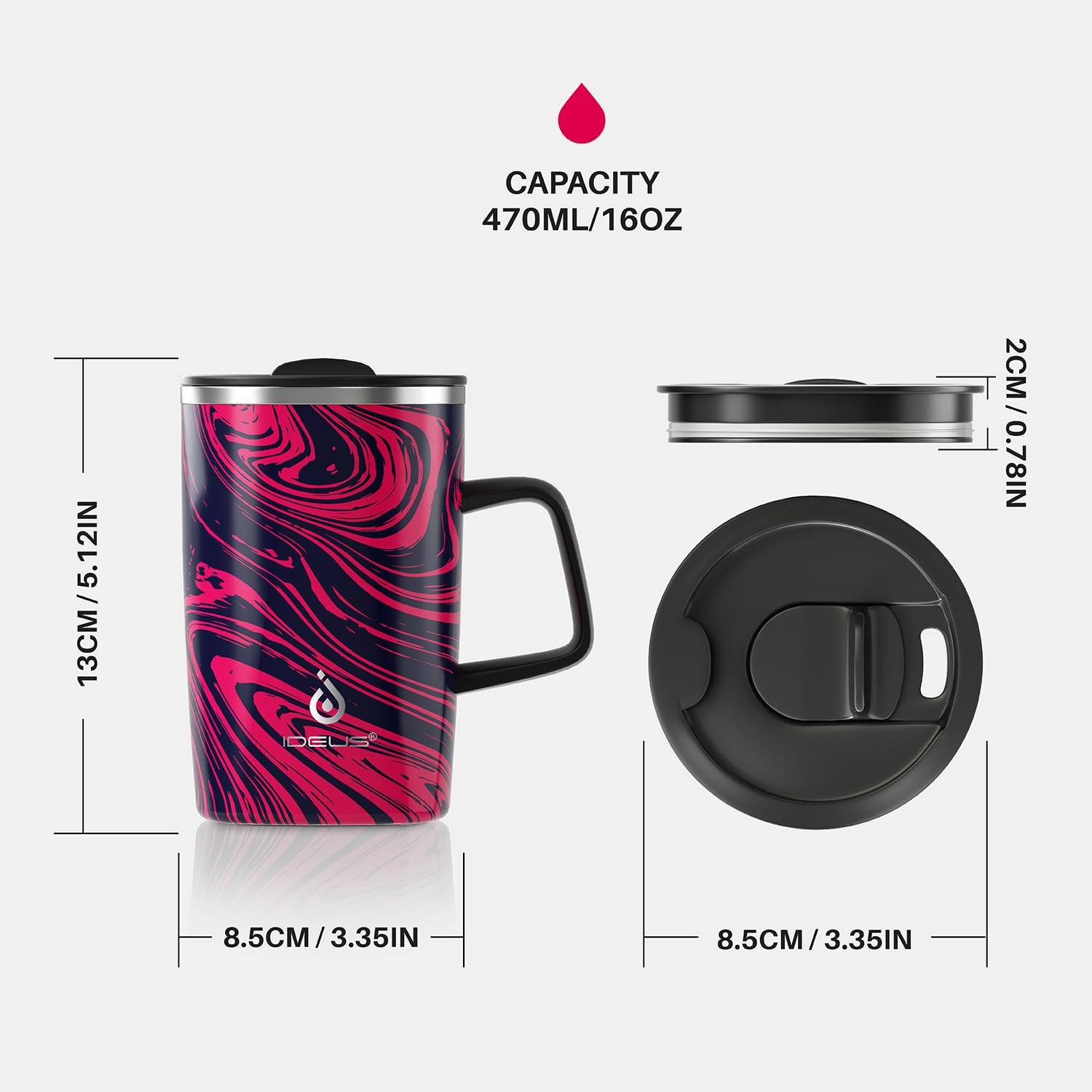 Ideus Tazza da caffè isolata sottovuoto, 473 ml, riutilizzabile, in acciaio inox, a doppia parete, con manico e coperchio scorrevole, per bevande calde e fredde, senza BPA (zebrata rossa)