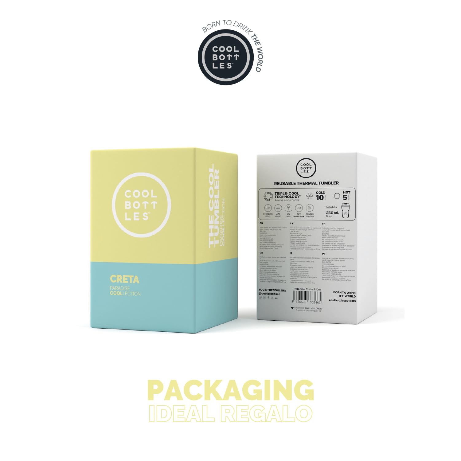 Cool Bottles - Paradise Tumbler - Vaso Térmico de Acero Inoxidable - 350 ml - Creta - Amarillo y Turquesa - Tapa Hermética - Bebidas frías 10 horas y calientes 5 horas - Acabado Antimanchas