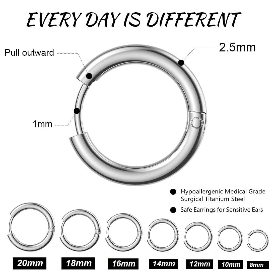 7 pares de pendientes de aro de plata para hombres y mujeres, Pendientes de Aro de Cartílago, Pendientes de Aro Pequeños de Acero Inoxidable para unisexo, ligero, hipoalergénico, 8-20 mm, plata