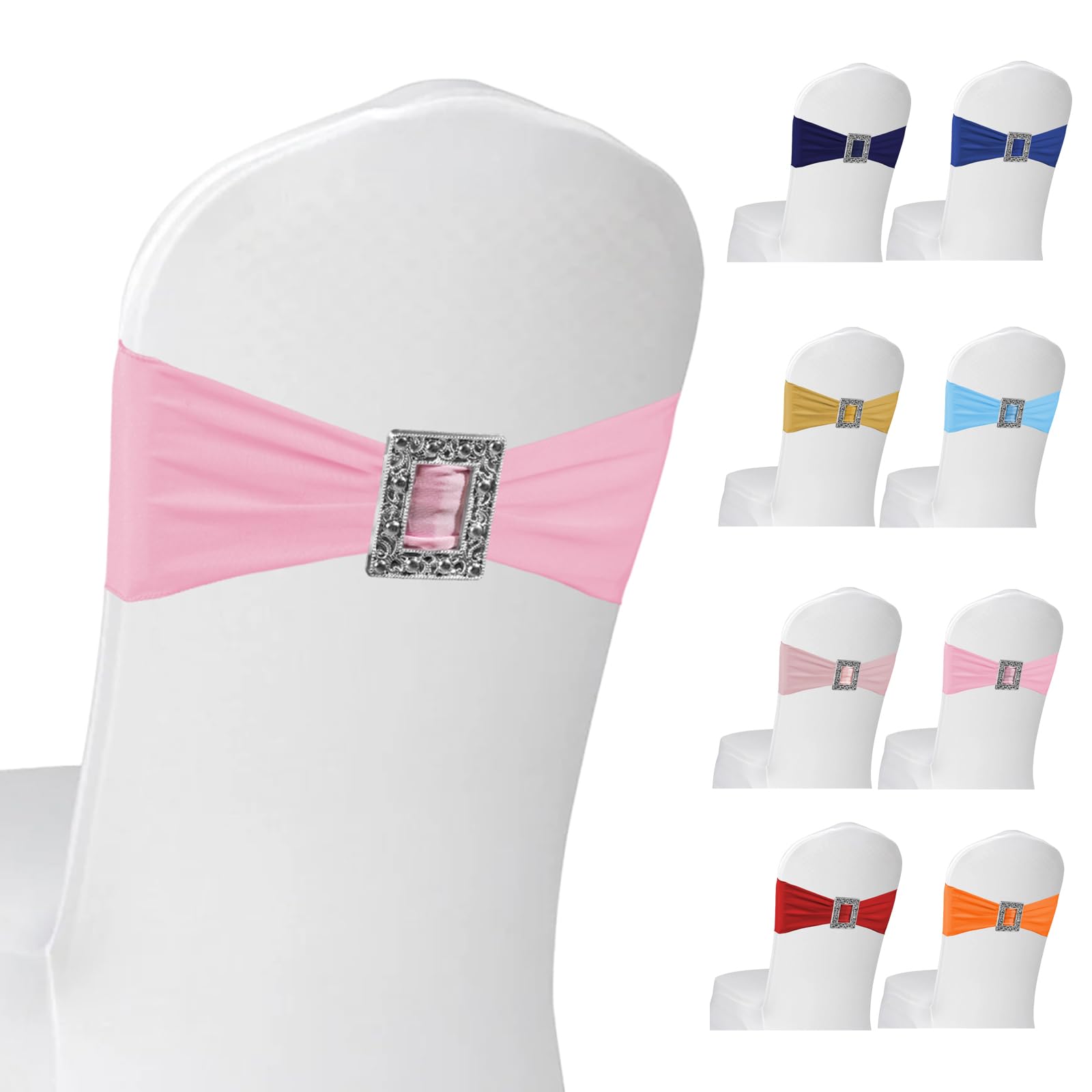 PWDAN 100 Pack Spandex Stretch Chair Sashes Bows Elastic Chair Cover Bands Ties with Buckle Slider for Wedding Party Banquet Birthday Restaurant