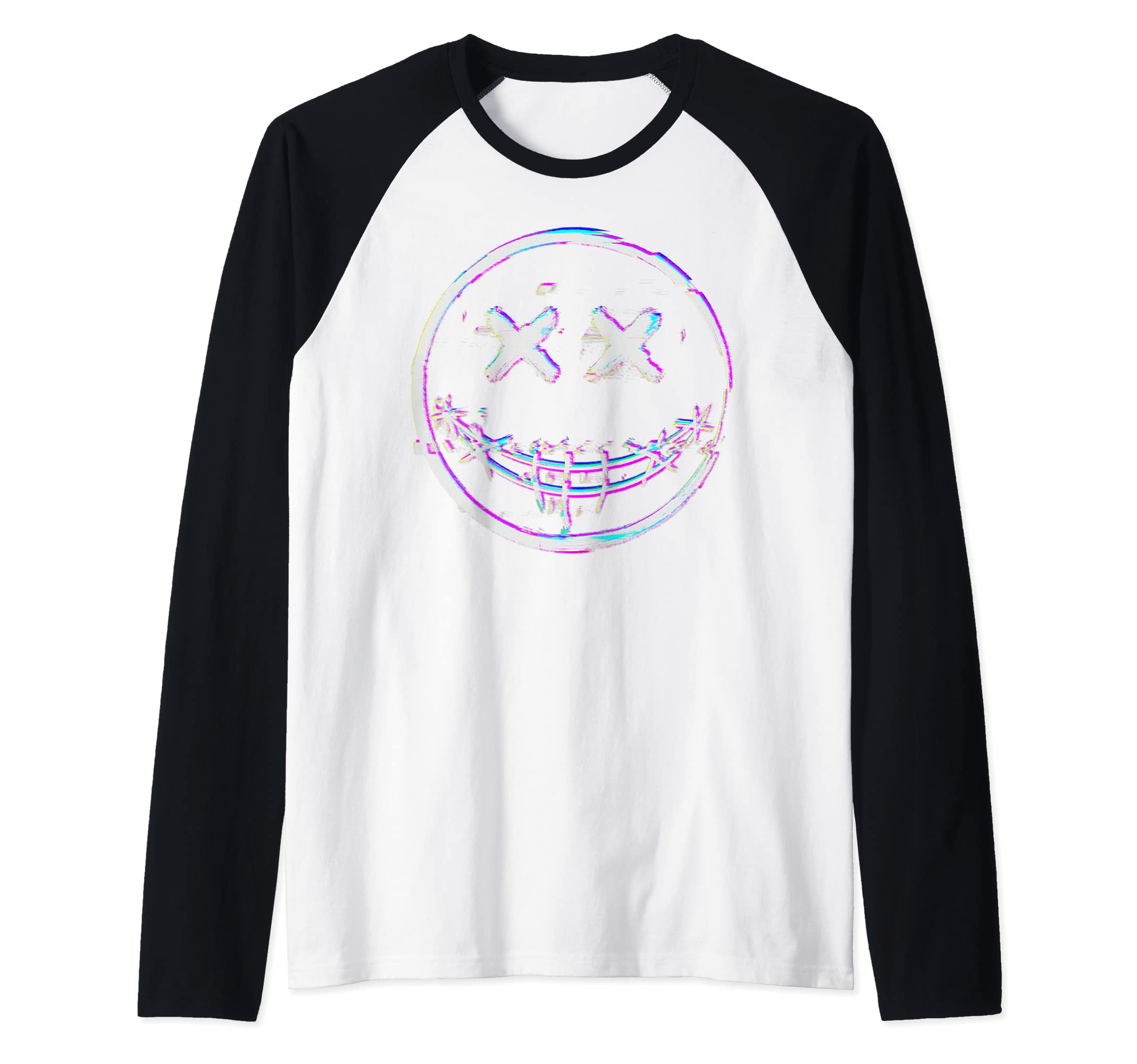 Glitchcore Smile with Stitched Mouth Dizzy Face Emoticon Raglan Baseball Tee
