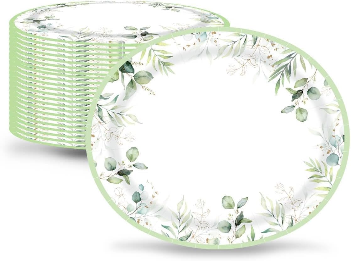 50 PCS Sage Greenery Oval Paper Plates Large 10'' x 12'' Disposable Eucalyptus Leaf Party Decoration Supplies Heavy Duty Dish Tray for Sage Green Neutral Green Baby Shower Birthday Wedding Decor - Image 2