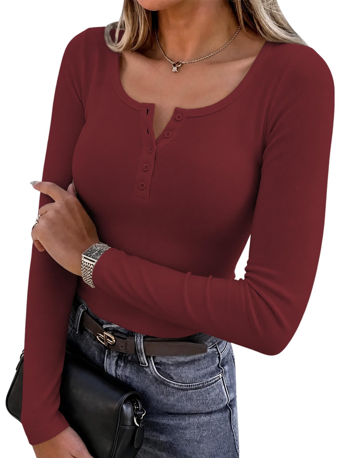 Cuptacc Langarmshirt Damen Rundhals Mit Knöpfen Top Basic Eng Pullover | Modal Stoff,Rundhals,Slim Fit,Long Sleeves,Elegant,Komfort,Modisch,Stretch,Weich,Alltag,Vielseitig