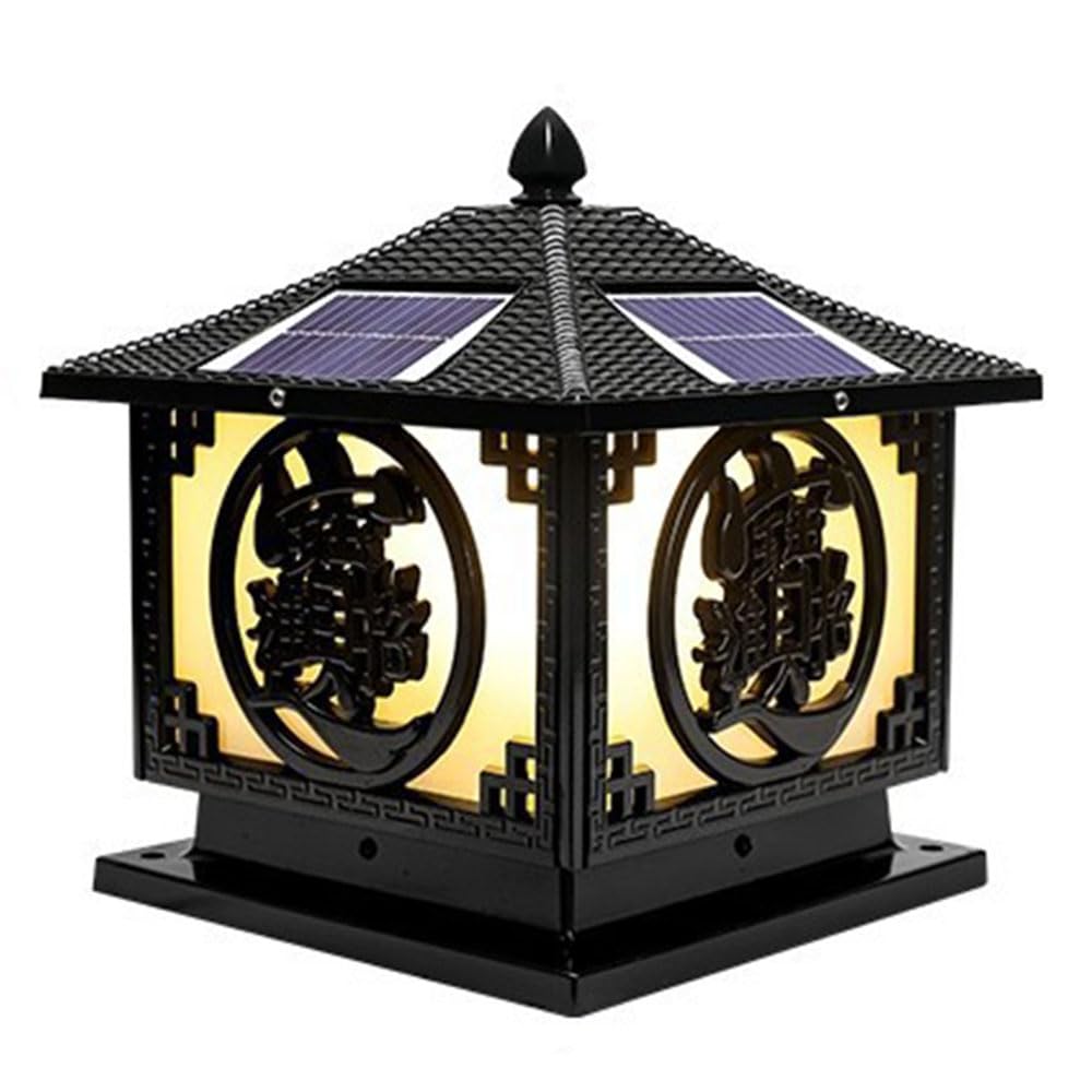 KUEYANB Chinese Style Metal Solar Post Cap Light for Villa Courtyard Garden Easy to Install Pillar Lamp for Fence Deck Retro Style Outdoor Column Lamp Solar Powered for Garden Corridor Driveway