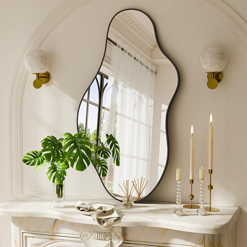 Irregular Wall Mirror 20×36 Inch Wall Mirrors Decorative Black Modern Asymmetrical Abstract Mirror for Bathroom Bedroom Living Room Entryway Hallway